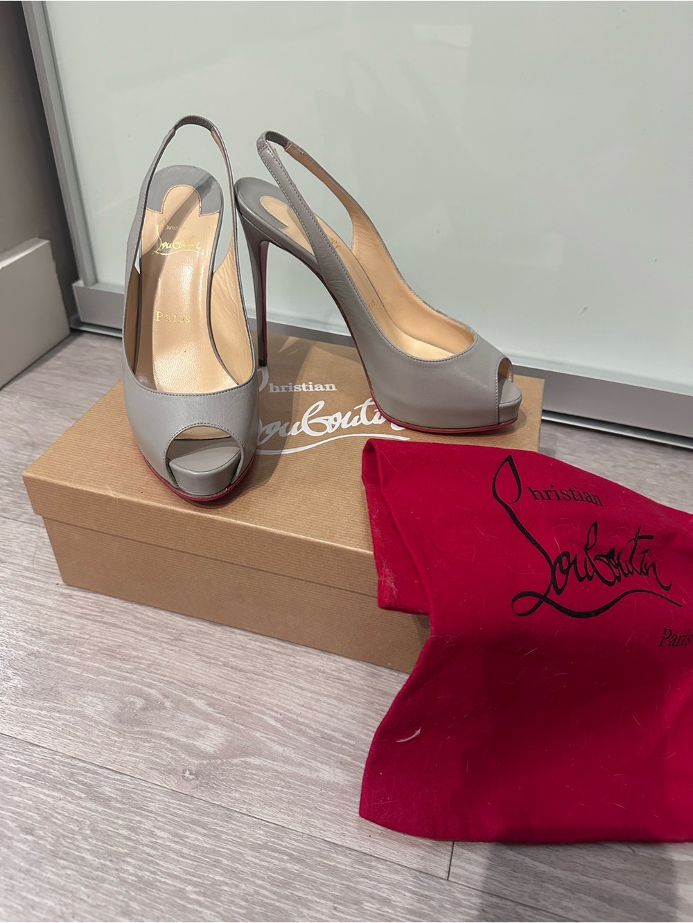 Authentic Christian Louboutin Gray Peep-Toe Slingback Pumps never worn outside